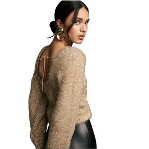 By Anthropologie Tinsel Eyelash Metallic Gold Pullover Sweater M Scoop Back Tie